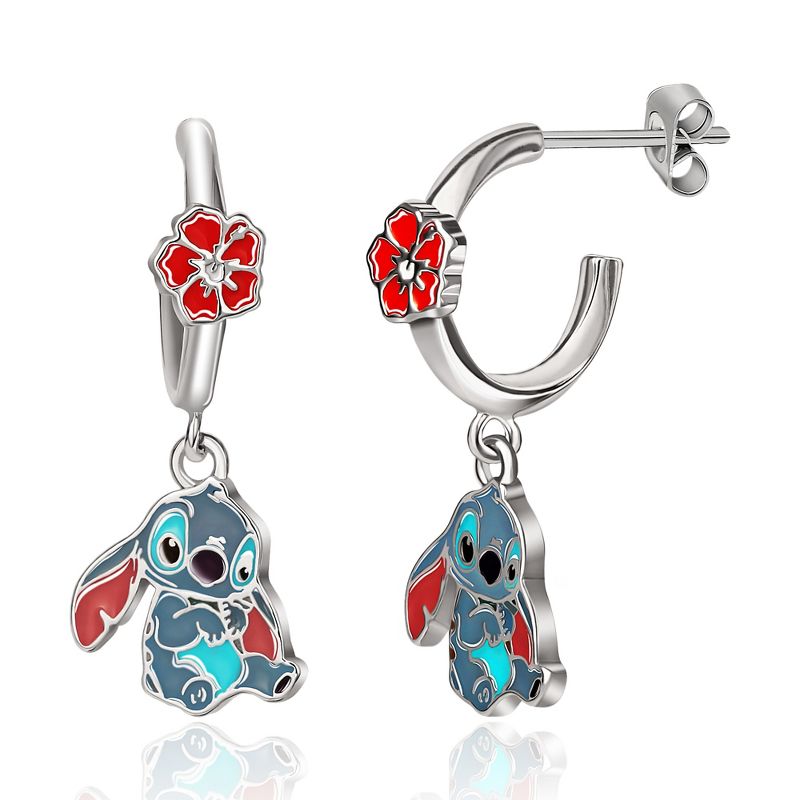 Disney Girls Lilo & Stitch Hoop Earrings with Dangle Stitch Charm, 1 of 6