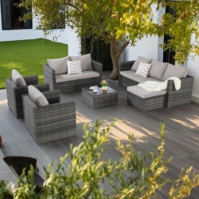 6-Piece Outdoor Patio Rattan Conversation Sectional Sofa Set with Tempered Glass Coffee Table and 2 Armchair