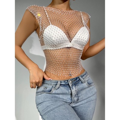 Women Sexy Mesh Tank Tops Diamond Hollow Out See Through Crop Tops for Festival Club Rave Outfit