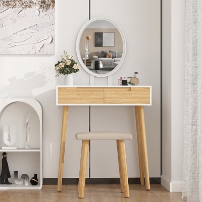 ELECWISH 31.5" Wood Vanity Desk Set with LED Mirror & Stool - 3-Way Lighting, 2 Drawers, Soft-Padded Seat