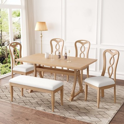 6 Piece Dining Table Set for 6, 63 Inch Farmhouse Kitchen Table Set, Kitchen Breakfast Table Set for Restaurant Dining Room Kitchen