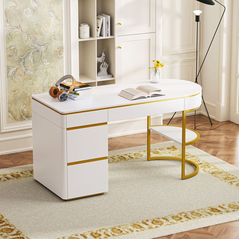 60''L Executive Office Desk, Curved Home Office Computer Desk with Gold Legs, Drawers and Cabinet 4M, Gold+White -ModernLuxe, 1 of 16