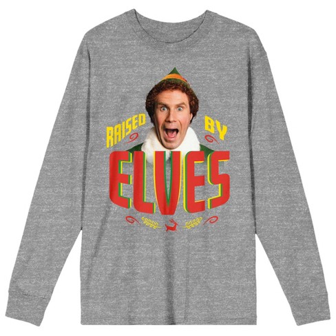 Elf Movie Buddy Raised By Elves Women's Heather Gray Long Sleeve Crew  Neck Tee-3XL