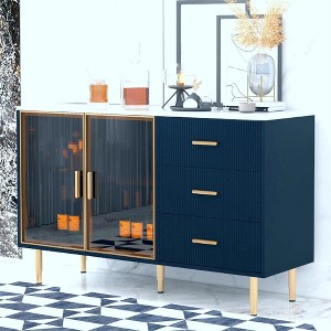 CAVINAS Sideboard Cabinet with Amber-yellow Tempered Glass Doors and 3 Drawers,Buffet Cabinet with Metal Handles,Dining Cabinet for Living Room,Blue - 1 of 4