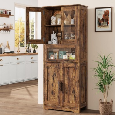 Narrow Bathroom Storage Cabinet, 67" H Tall Slim Cabinet with Glass Doors and Adjustable Shelf, Freestanding Slim Cupboard