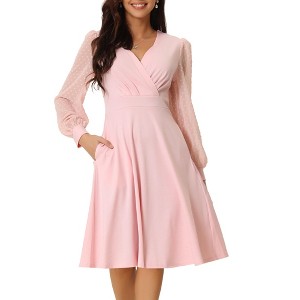 Seta T Women's V Neck Wrap Swiss Dots Semi-Sheer Lantern Long Sleeves Midi Swing Dresses - 1 of 4