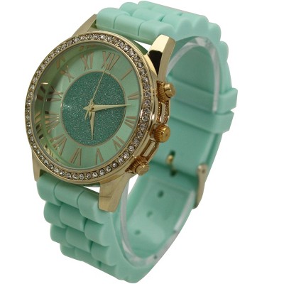 OLIVIA PRATT RHINESTONE BEZEL SILICONE STRAP WATCH
