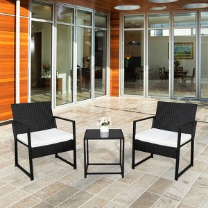 Black 3-Piece Wicker Outdoor Bistro Set with White Cushion - 1 of 4