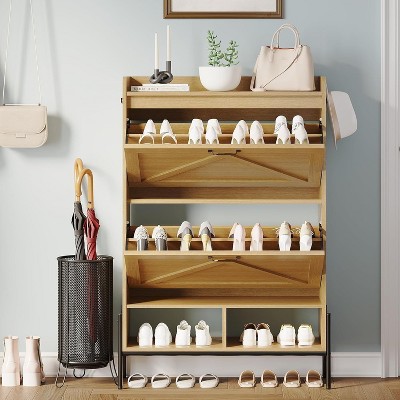 Jojoka Wooden Shoe Storage Cabinet with 2 Flip Drawers and Adjustable Feet for Entryway Organizer