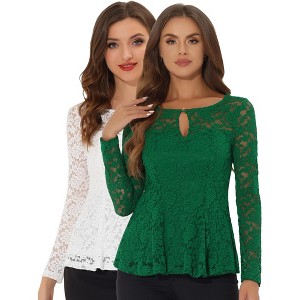 INSPIRE CHIC Women's Floral Lace Front Peplum Hem Keyhole Sheer Long Sleeve Blouse 2 Pieces - 1 of 4