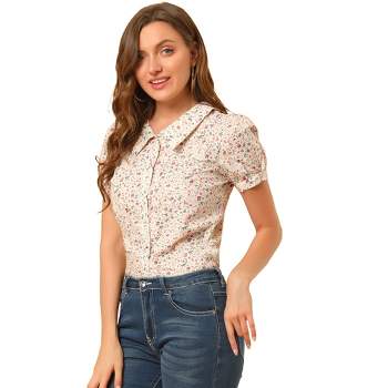 Allegra K Women's Puff Short Sleeves Point Collar Button Down Floral Shirts