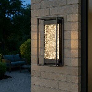 ALOADECOR H15" Modern Outdoor Integrated LED Wall Light with Dusk to Dawn Sensor Matte Black with Textured Glass Wall Lantern for Garage - 1 of 4