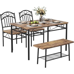 Dining Table Set, Industrial Dining Room Table & Chairs 4pcs, Kitchen Table Set Bench for Apartment,Home, Kitchen, Dining Room, Brown - 1 of 4