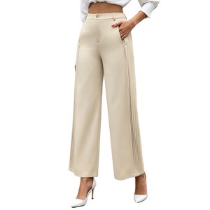 Women High Waisted Wide Leg Pants Pleated Side Casual Dress Trousers with Pockets Apricot S