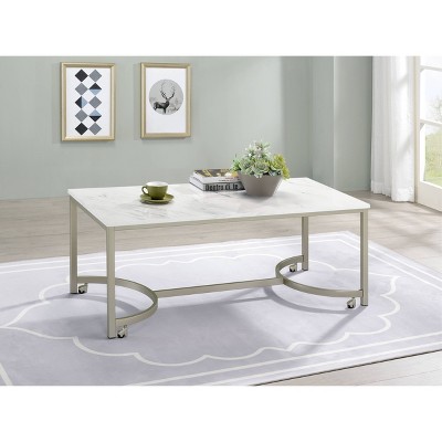 Contemporary Mobile Rectangular Coffee Table in Faux Marble and Satin Nickel