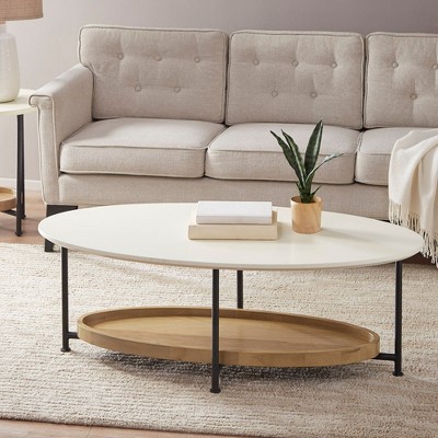 Sapphtopaz Coffee Table with 2-Tier Storage Simple Coffee Bar with Metal Base & Bottom Wooden Shelf Modern Center Table for Living Room,White