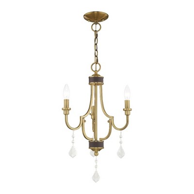 Antique Brass 3-Light Mini Chandelier with Clear Crystals