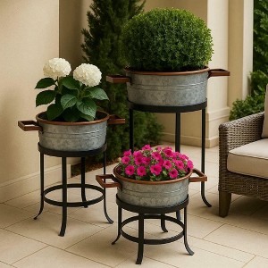 Royal Hampton 3 Piece Round Metal Galvanized Tub with Iron Stand Planter Set, 21, 18, and 16 Inch - 1 of 4