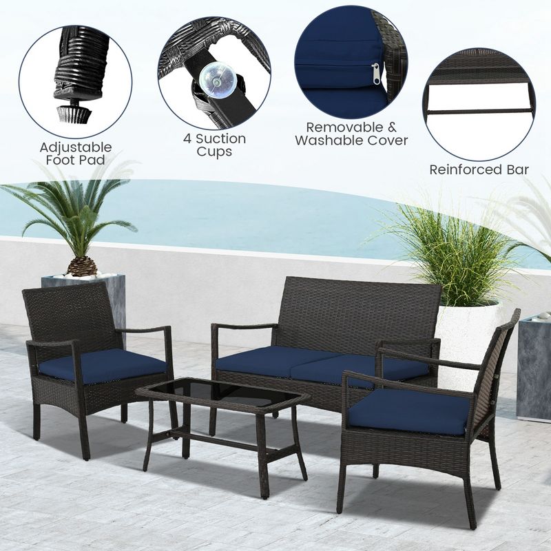 Costway 8PCS Patio Rattan Wicker Furniture Set Cushioned Sofa Armrest Coffee Table Navy, 5 of 8