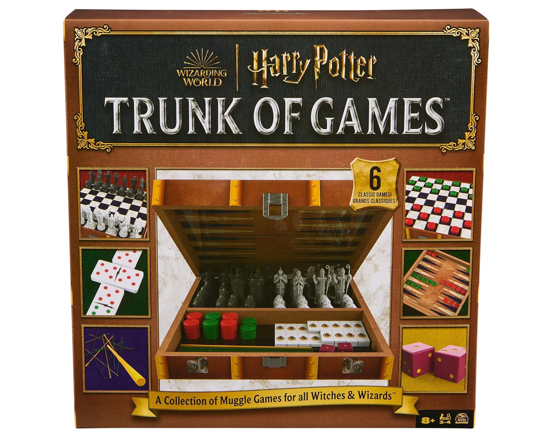 Spin Master Games, Wizarding World Harry Potter Trunk of Games 6-in-1 Wooden Storage Box with Chess, Checkers, Dominoes, Pick-Up Wands & More for 2-4