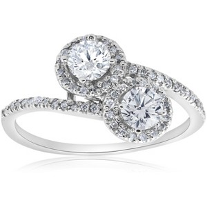 Pompeii3 1cttw Two Stone Diamond Engagement Halo Anniversary Ring 14k White Gold Round - 1 of 4