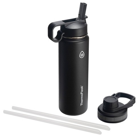 ThermoFlask 24oz Insulated Stainless Steel Bottle 2 in 1 Chug and Straw Lid  Black