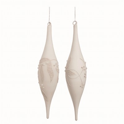 Transpac Glass White Christmas Leaf Icicle Ornaments Set of 2