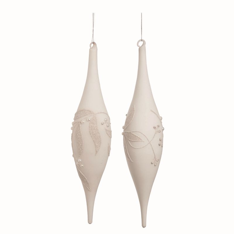 Transpac Glass White Christmas Leaf Icicle Ornaments Set of 2, 1 of 2