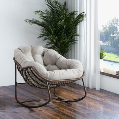 SKRAN Outdoor Rattan Rocking Chair,Padded Cushion Rocker Recliner Chair Outdoor for Front Porch, Living Room, Patio, Garden