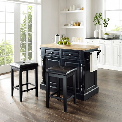 Oxford Black Butcher Block Kitchen Island with Cushioned Stools