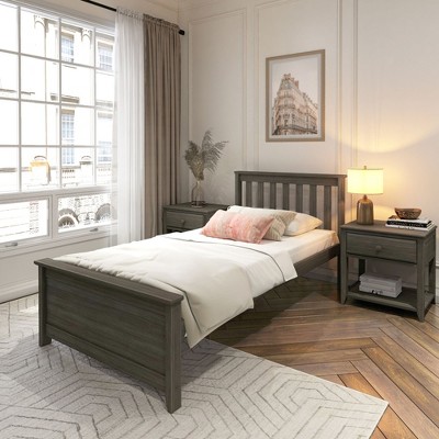 Solid Pine Wood Twin Platform Bed Frame with Slatted Headboard