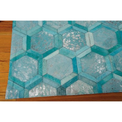 Turquoise Geometric Cowhide Fur Rectangular Rug, 8' x 10'
