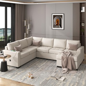 108" Pull-Out Sleeper Sofa Couches, Upholstered Modular Sectional Sofa with USB and Type-C Interfaces-ModernLuxe - 1 of 4