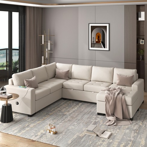 108" Pull-Out Sleeper Sofa Couches, Upholstered Modular Sectional Sofa with USB and Type-C Interfaces-ModernLuxe - image 1 of 4