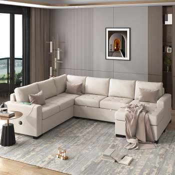 108" Pull-Out Sleeper Sofa Couches, Upholstered Modular Sectional Sofa with USB and Type-C Interfaces-ModernLuxe