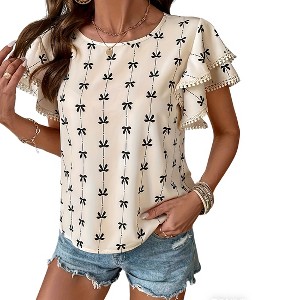 Women's Round Neck Ruffled Short Sleeve Blouse with Bow Pattern - 1 of 4