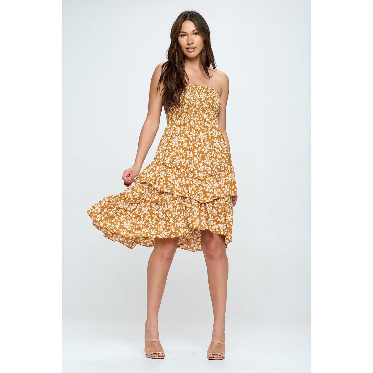 Женские платья West K Michelle Smocked Strapless Dress - Large - Caramel Floral — фото 2
