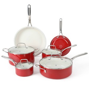 Martha Stewart Lockton 10pc Ceramic Interior Cookware Set Red: Skillets, Sauce & Fry Pans, Smooth Surface Compatible - 1 of 4