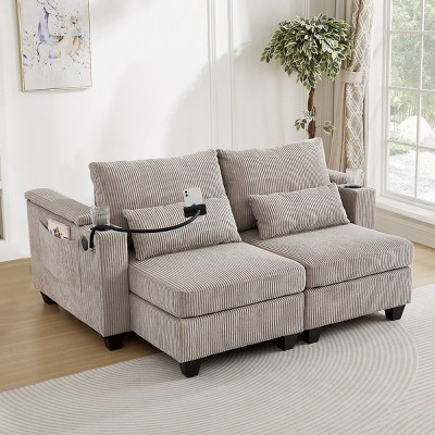 63" Convertible Corduroy Sleeper Loveseat Sofa with USB Ports,Cup Holders,Storage Armrests and Pillows–Maison Boucle