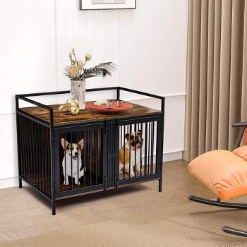 Double Dog Crate with Divider for 2 Small Dogs,Heavy Duty Dog House Kennel Pet Crate End Table Rustic Brown