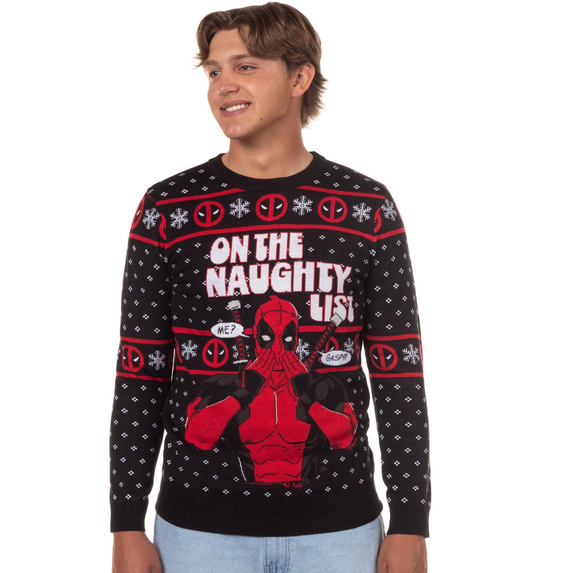 Seven Times Six Marvel Deadpool Men's On The Naughty List Pullover Crewneck Sweater