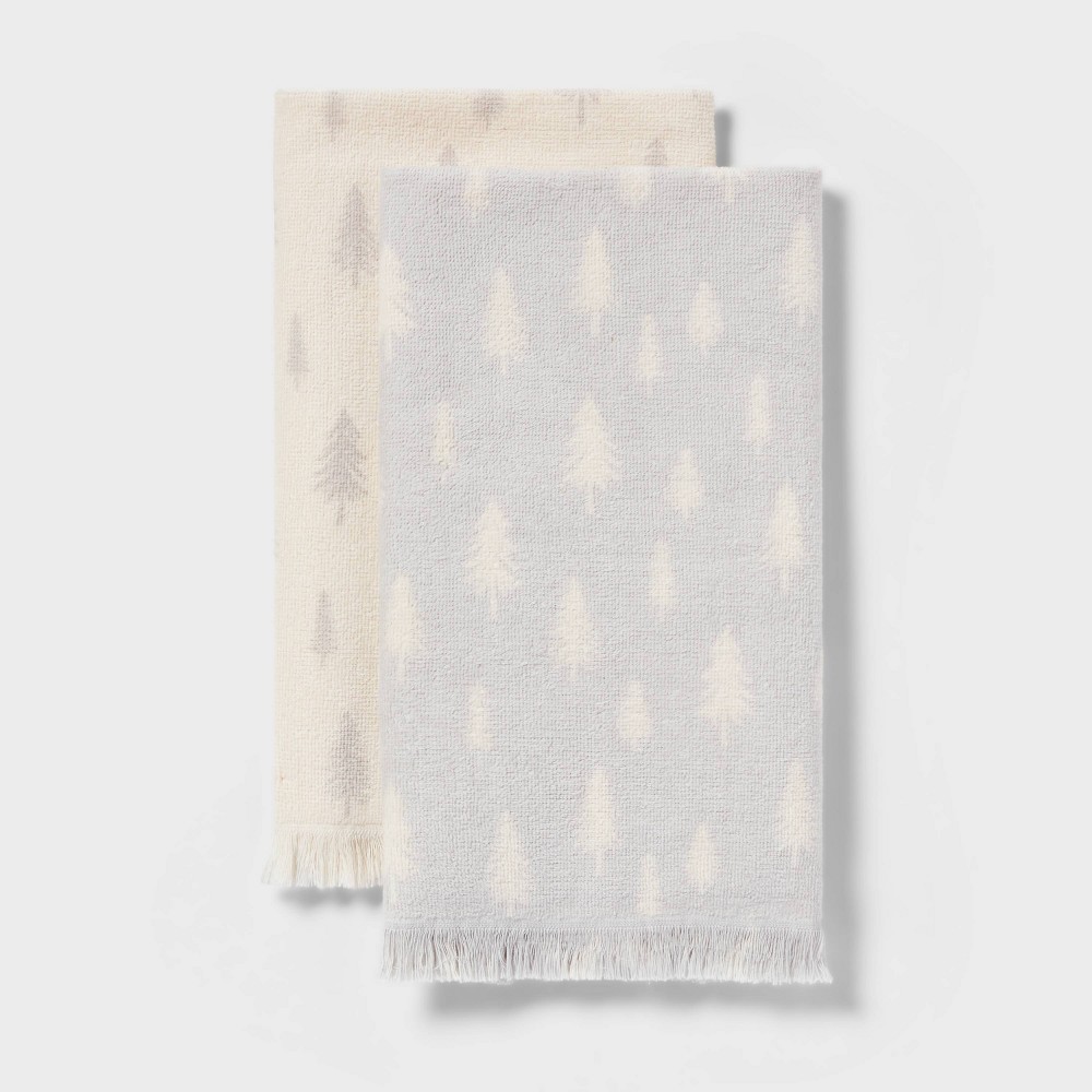 2pk Christmas Scattered Trees Hand Towels Gray/White - Wondershop™