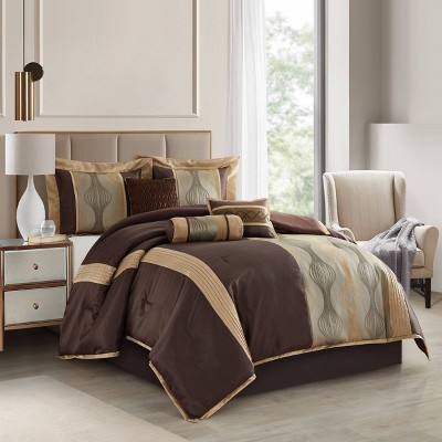 King Dark Brown and Gold Microfiber 7-Piece Comforter Set