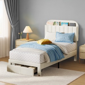 Twin Size Bed Frame with Bookcase Headboard, Velvet Upholstered Platform Bed Frame, Steel Support Legs, Under-Bed Drawer, Easy Assembly - 1 of 4