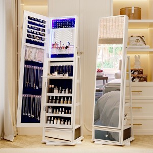 Vlsrka 360° Swivel LED Jewelry Cabinet, Lockable Wavy Mirror Organizer with Rear Shelves and Makeup Tray - 1 of 4