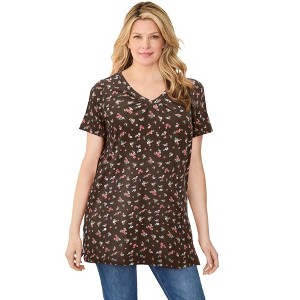 Woman Within Perfect Printed Short-Sleeve Shirred V-Neck Tunic - 1 of 4