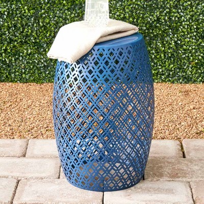 Blue Metal Barrel Stool with Lattice Design