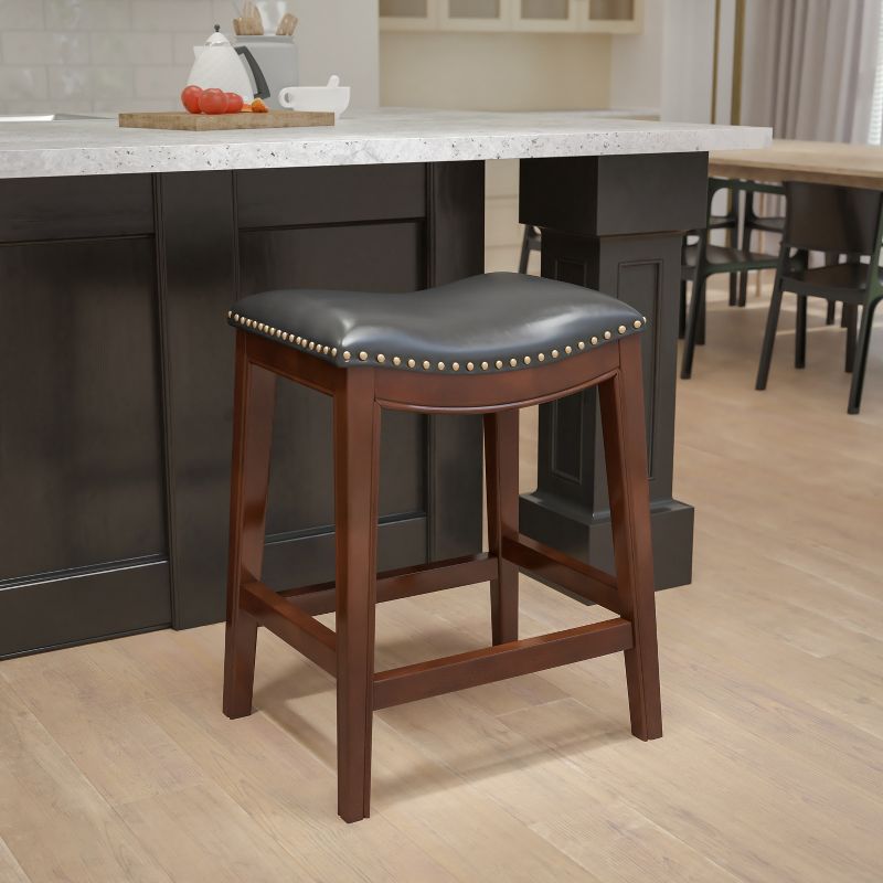 Emma and Oliver 26"H Backless Wood Counter Height Stool with Leather Saddle Seat, 2 of 11