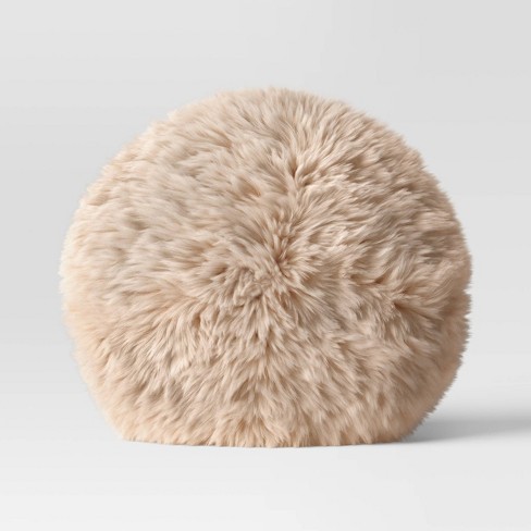 Long Faux Fur Round Throw Pillow Beige Threshold