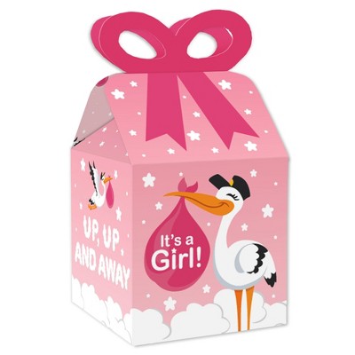 Big Dot of Happiness Girl Special Delivery - Square Favor Gift Boxes - It’s A Girl Stork Baby Shower Bow Boxes - Set of 12